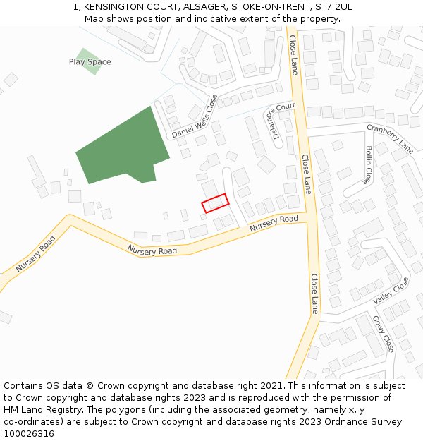 1, KENSINGTON COURT, ALSAGER, STOKE-ON-TRENT, ST7 2UL: Location map and indicative extent of plot