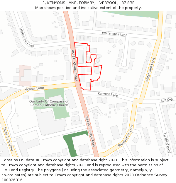 1, KENYONS LANE, FORMBY, LIVERPOOL, L37 8BE: Location map and indicative extent of plot