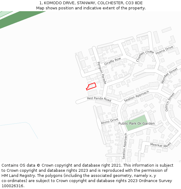 1, KOMODO DRIVE, STANWAY, COLCHESTER, CO3 8DE: Location map and indicative extent of plot