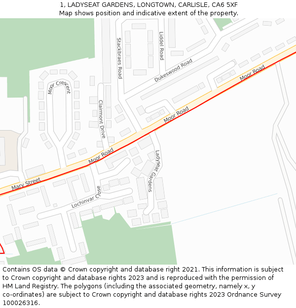 1, LADYSEAT GARDENS, LONGTOWN, CARLISLE, CA6 5XF: Location map and indicative extent of plot