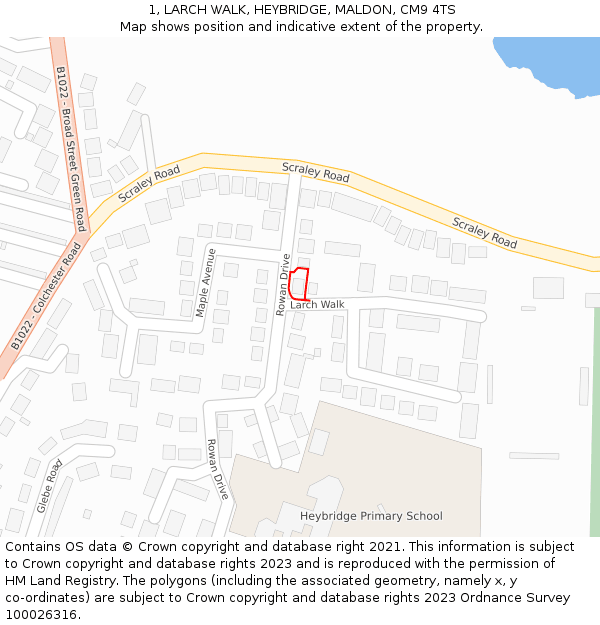 1, LARCH WALK, HEYBRIDGE, MALDON, CM9 4TS: Location map and indicative extent of plot