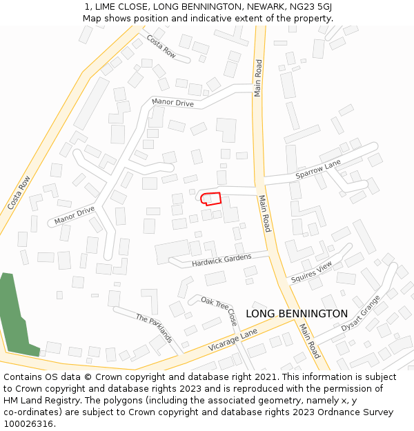 1, LIME CLOSE, LONG BENNINGTON, NEWARK, NG23 5GJ: Location map and indicative extent of plot