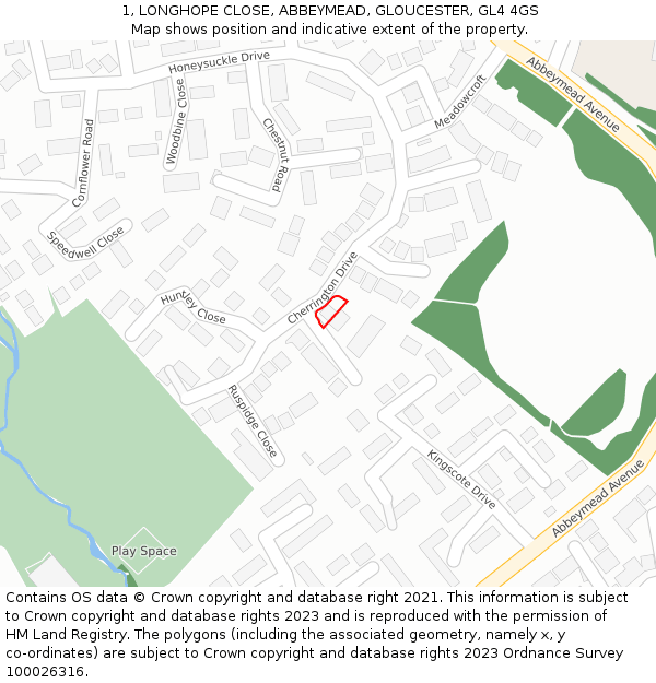 1, LONGHOPE CLOSE, ABBEYMEAD, GLOUCESTER, GL4 4GS: Location map and indicative extent of plot