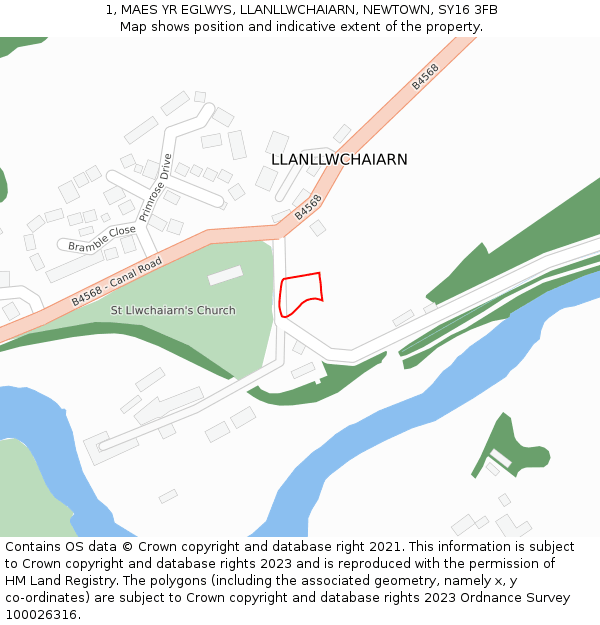 1, MAES YR EGLWYS, LLANLLWCHAIARN, NEWTOWN, SY16 3FB: Location map and indicative extent of plot