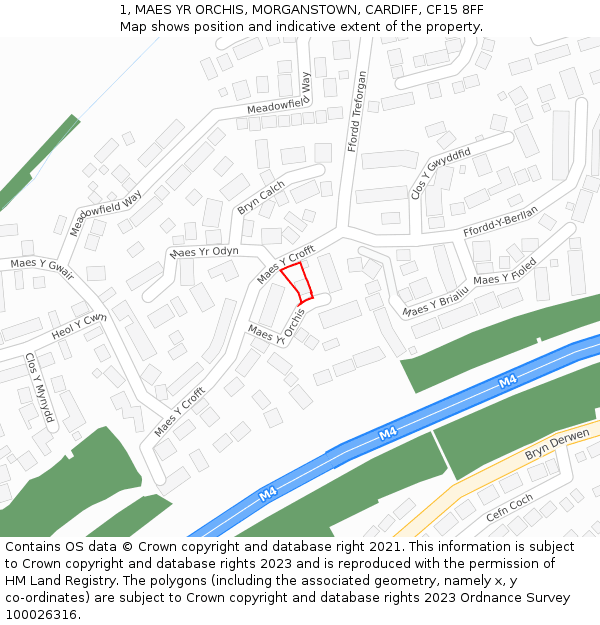 1, MAES YR ORCHIS, MORGANSTOWN, CARDIFF, CF15 8FF: Location map and indicative extent of plot