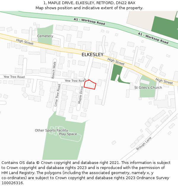 1, MAPLE DRIVE, ELKESLEY, RETFORD, DN22 8AX: Location map and indicative extent of plot