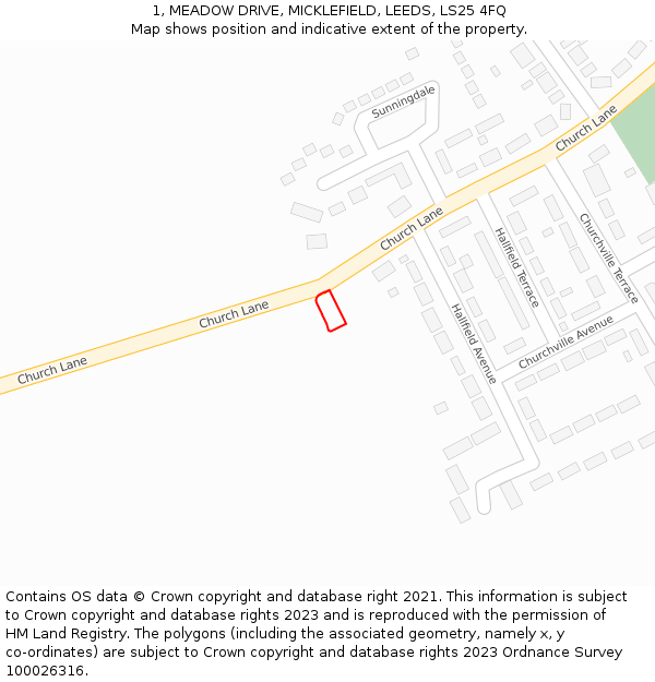 1, MEADOW DRIVE, MICKLEFIELD, LEEDS, LS25 4FQ: Location map and indicative extent of plot