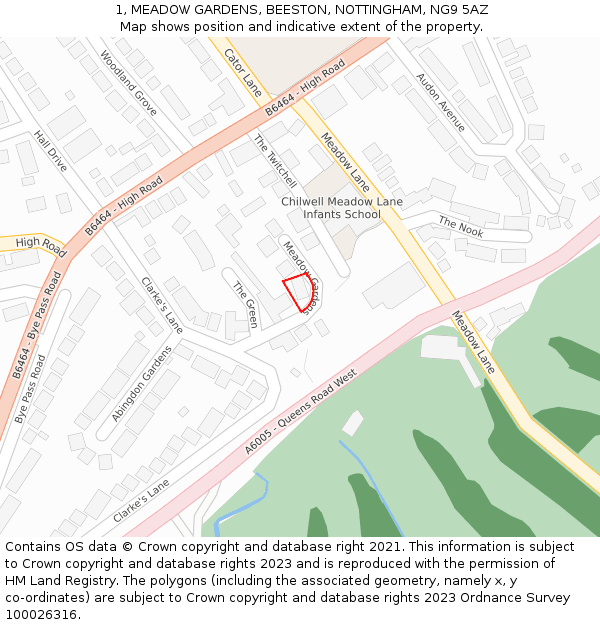 1, MEADOW GARDENS, BEESTON, NOTTINGHAM, NG9 5AZ: Location map and indicative extent of plot