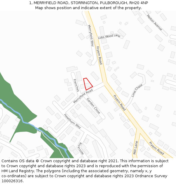 1, MERRYFIELD ROAD, STORRINGTON, PULBOROUGH, RH20 4NP: Location map and indicative extent of plot