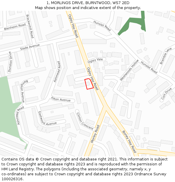 1, MORLINGS DRIVE, BURNTWOOD, WS7 2ED: Location map and indicative extent of plot