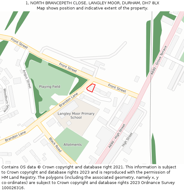 1, NORTH BRANCEPETH CLOSE, LANGLEY MOOR, DURHAM, DH7 8LX: Location map and indicative extent of plot