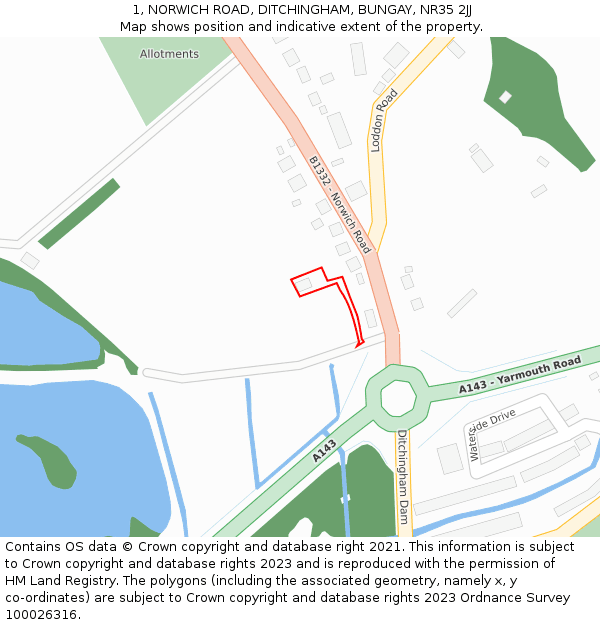 1, NORWICH ROAD, DITCHINGHAM, BUNGAY, NR35 2JJ: Location map and indicative extent of plot