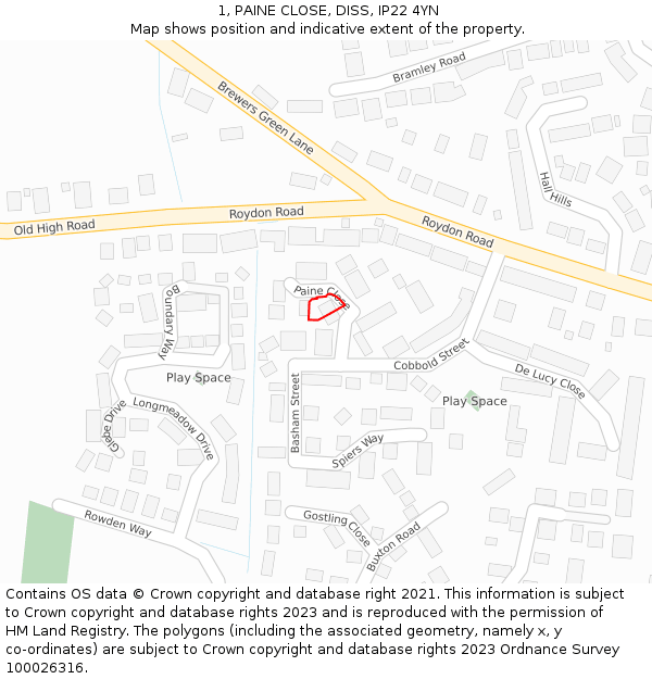 1, PAINE CLOSE, DISS, IP22 4YN: Location map and indicative extent of plot