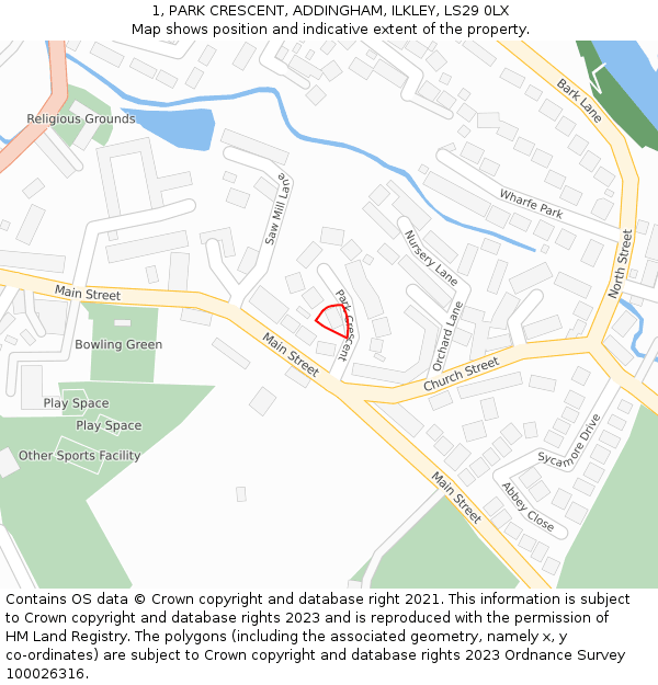 1, PARK CRESCENT, ADDINGHAM, ILKLEY, LS29 0LX: Location map and indicative extent of plot