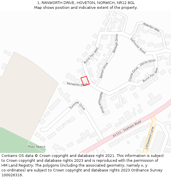 1, RANWORTH DRIVE, HOVETON, NORWICH, NR12 8GL: Location map and indicative extent of plot