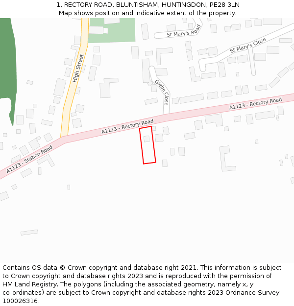 1, RECTORY ROAD, BLUNTISHAM, HUNTINGDON, PE28 3LN: Location map and indicative extent of plot