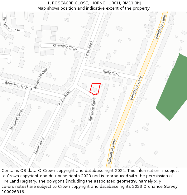 1, ROSEACRE CLOSE, HORNCHURCH, RM11 3NJ: Location map and indicative extent of plot