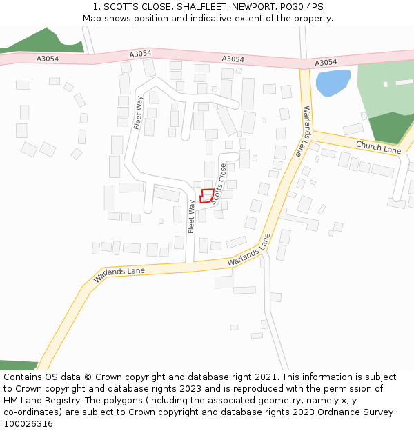 1, SCOTTS CLOSE, SHALFLEET, NEWPORT, PO30 4PS: Location map and indicative extent of plot