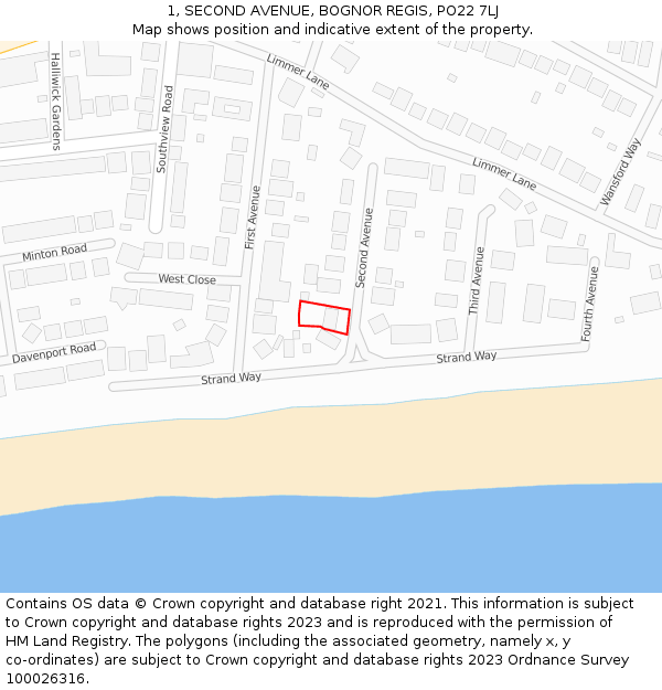 1, SECOND AVENUE, BOGNOR REGIS, PO22 7LJ: Location map and indicative extent of plot