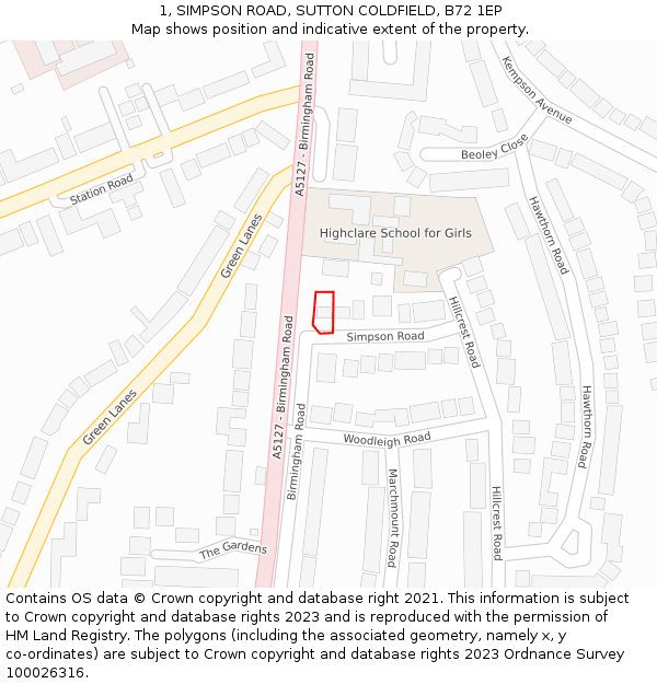 1, SIMPSON ROAD, SUTTON COLDFIELD, B72 1EP: Location map and indicative extent of plot