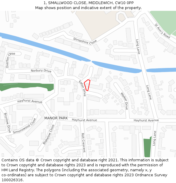 1, SMALLWOOD CLOSE, MIDDLEWICH, CW10 0PP: Location map and indicative extent of plot