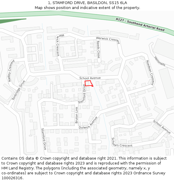 1, STAMFORD DRIVE, BASILDON, SS15 6LA: Location map and indicative extent of plot