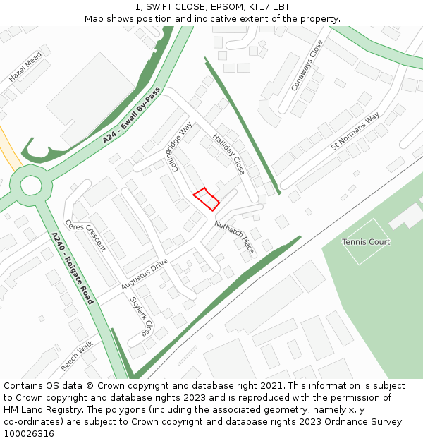 1, SWIFT CLOSE, EPSOM, KT17 1BT: Location map and indicative extent of plot