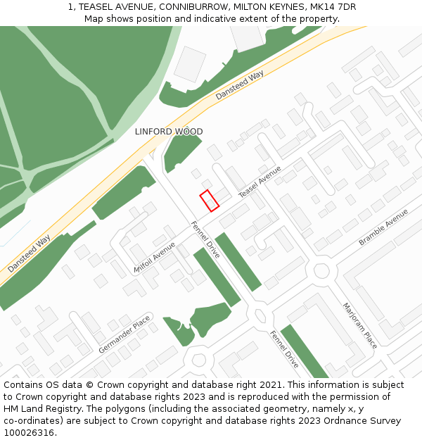 1, TEASEL AVENUE, CONNIBURROW, MILTON KEYNES, MK14 7DR: Location map and indicative extent of plot