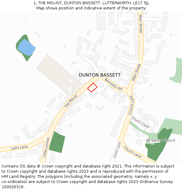 1, THE MOUNT, DUNTON BASSETT, LUTTERWORTH, LE17 5JL: Location map and indicative extent of plot