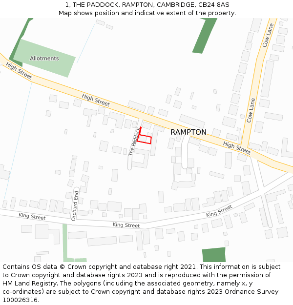 1, THE PADDOCK, RAMPTON, CAMBRIDGE, CB24 8AS: Location map and indicative extent of plot