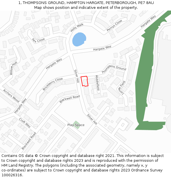 1, THOMPSONS GROUND, HAMPTON HARGATE, PETERBOROUGH, PE7 8AU: Location map and indicative extent of plot