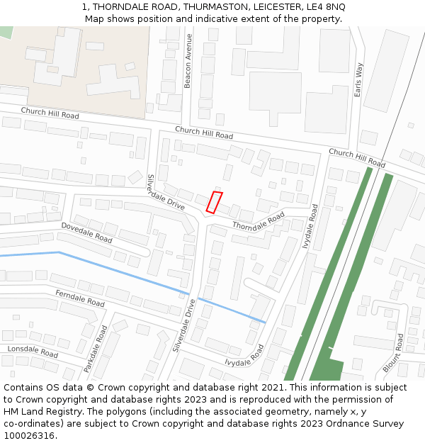 1, THORNDALE ROAD, THURMASTON, LEICESTER, LE4 8NQ: Location map and indicative extent of plot