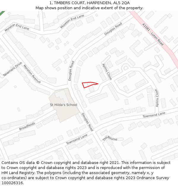 1, TIMBERS COURT, HARPENDEN, AL5 2QA: Location map and indicative extent of plot