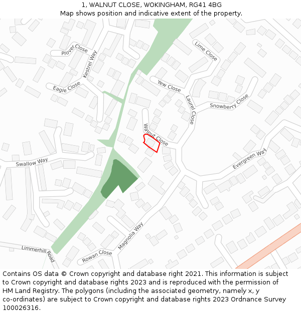 1, WALNUT CLOSE, WOKINGHAM, RG41 4BG: Location map and indicative extent of plot