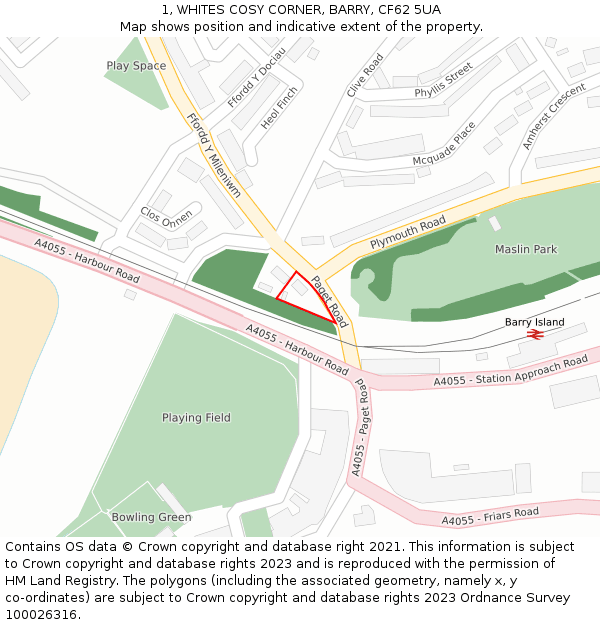 1, WHITES COSY CORNER, BARRY, CF62 5UA: Location map and indicative extent of plot