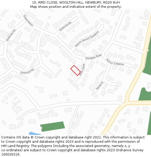 10, AIRD CLOSE, WOOLTON HILL, NEWBURY, RG20 9UH: Location map and indicative extent of plot