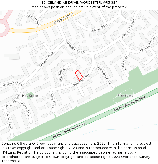 10, CELANDINE DRIVE, WORCESTER, WR5 3SP: Location map and indicative extent of plot