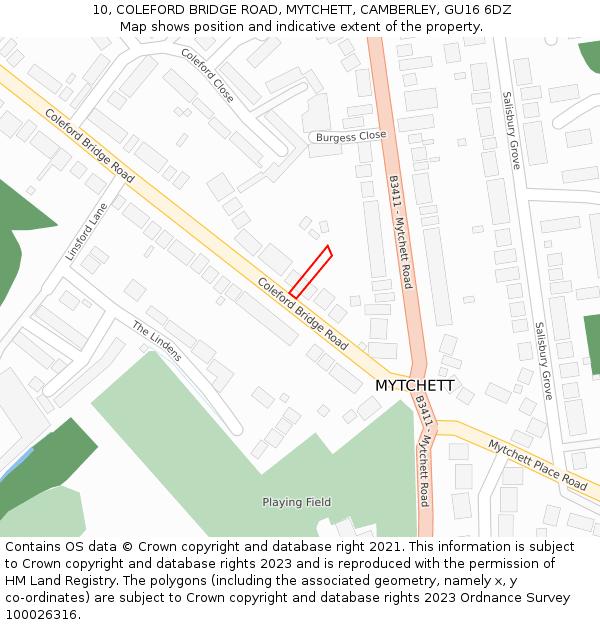 10, COLEFORD BRIDGE ROAD, MYTCHETT, CAMBERLEY, GU16 6DZ: Location map and indicative extent of plot