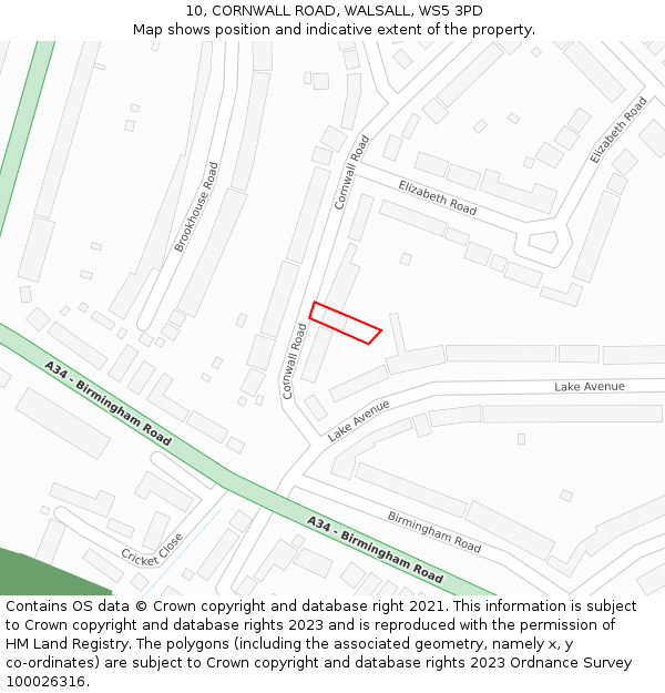 10, CORNWALL ROAD, WALSALL, WS5 3PD: Location map and indicative extent of plot