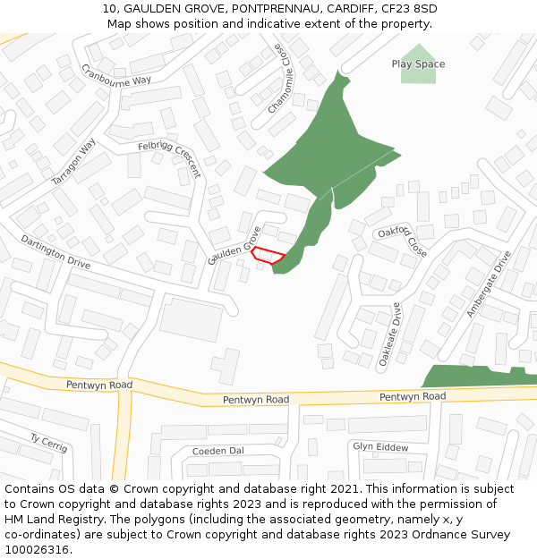 10, GAULDEN GROVE, PONTPRENNAU, CARDIFF, CF23 8SD: Location map and indicative extent of plot