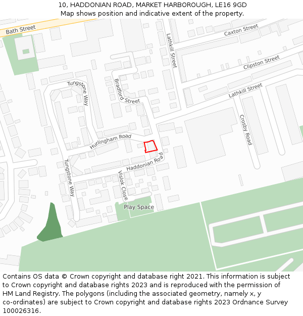 10, HADDONIAN ROAD, MARKET HARBOROUGH, LE16 9GD: Location map and indicative extent of plot