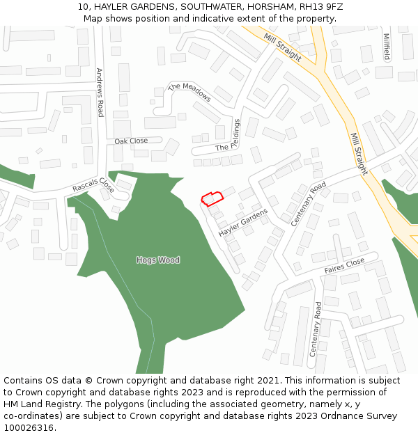 10, HAYLER GARDENS, SOUTHWATER, HORSHAM, RH13 9FZ: Location map and indicative extent of plot