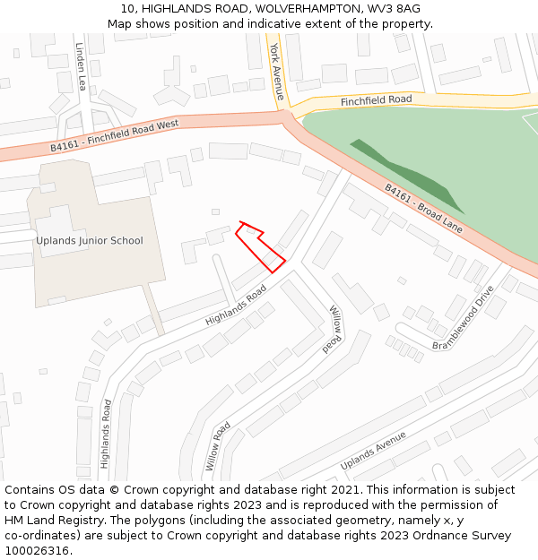 10, HIGHLANDS ROAD, WOLVERHAMPTON, WV3 8AG: Location map and indicative extent of plot