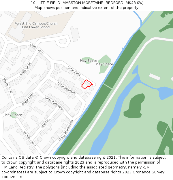 10, LITTLE FIELD, MARSTON MORETAINE, BEDFORD, MK43 0WJ: Location map and indicative extent of plot