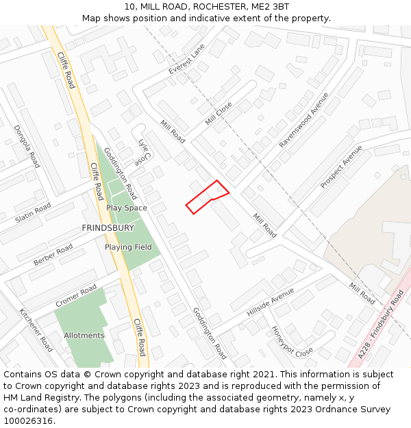 10, MILL ROAD, ROCHESTER, ME2 3BT: Location map and indicative extent of plot