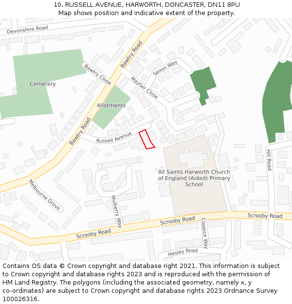 10, RUSSELL AVENUE, HARWORTH, DONCASTER, DN11 8PU: Location map and indicative extent of plot