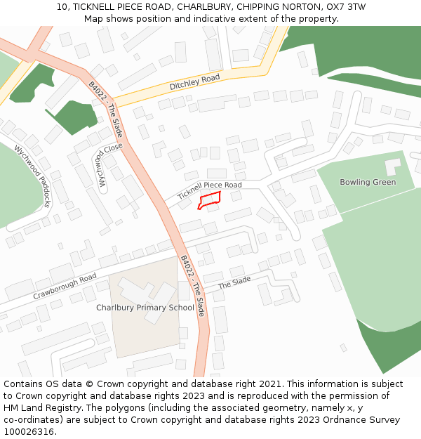 10, TICKNELL PIECE ROAD, CHARLBURY, CHIPPING NORTON, OX7 3TW: Location map and indicative extent of plot