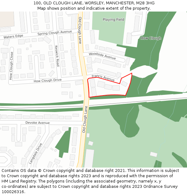 100, OLD CLOUGH LANE, WORSLEY, MANCHESTER, M28 3HG: Location map and indicative extent of plot