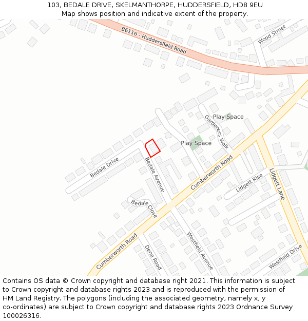 103, BEDALE DRIVE, SKELMANTHORPE, HUDDERSFIELD, HD8 9EU: Location map and indicative extent of plot