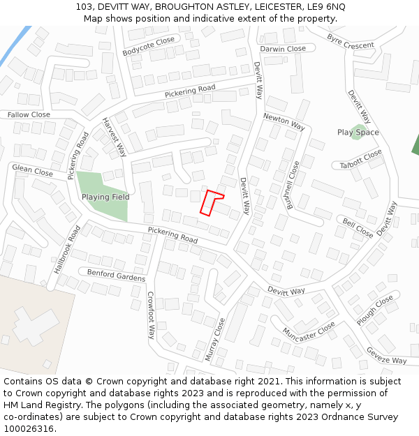 103, DEVITT WAY, BROUGHTON ASTLEY, LEICESTER, LE9 6NQ: Location map and indicative extent of plot